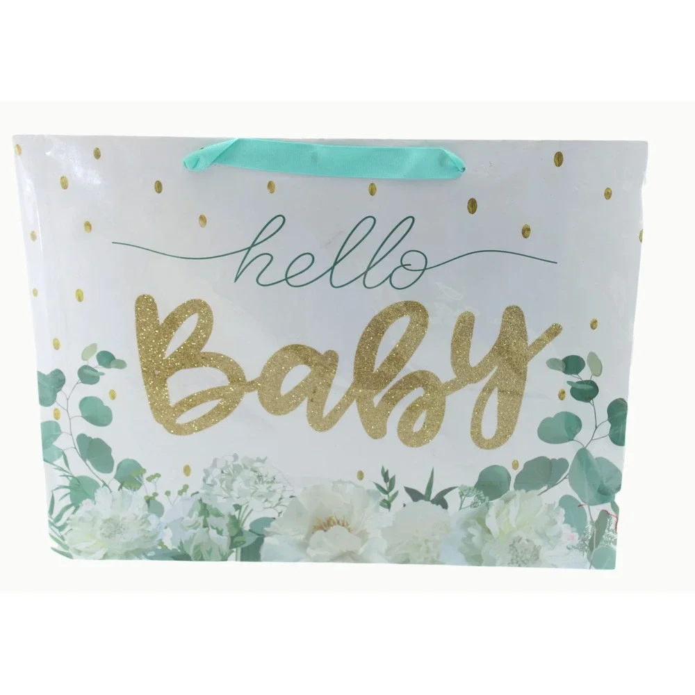 Hello Baby Large Gift Bag Gold Glitter FloralWhite Teal 16.5 in x 12.5 in